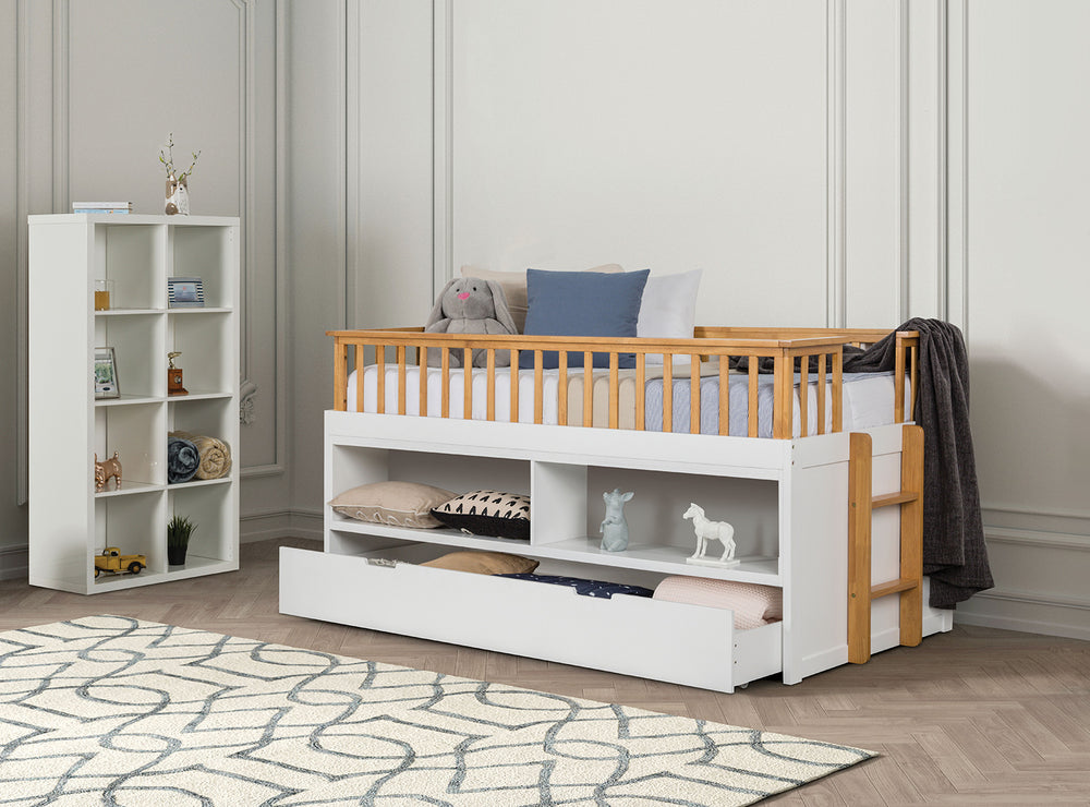 English Elm Twin Captain Bed with Trundle, White & Light Oak Transitional Frame, Built-In Shelves & Ladder — Space-Saving Twin Storage Design B2741S00491