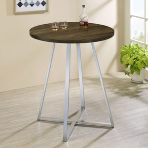 English Elm Burkhart Brown Oak 35" Round Pub Table with Flared Geometric Chrome Base — Rustic Modern Charm B062P344985