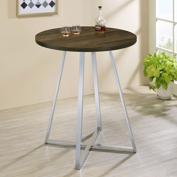 English Elm Burkhart Brown Oak 35" Round Pub Table with Flared Geometric Chrome Base — Rustic Modern Charm B062P344985