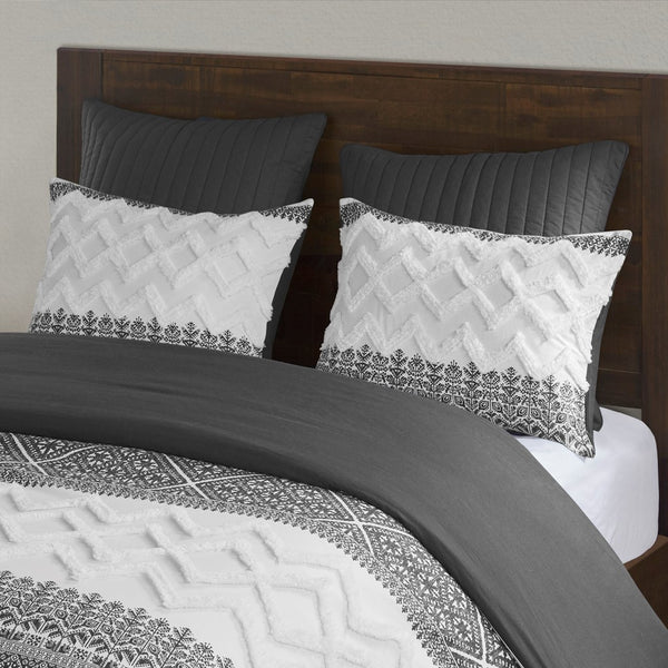 English Elm 3 Piece Cotton Comforter Set with Chenille Tufting Mila Botanic Chevron Print Full/Queen, Shabby Chic Fabrication Gray 19 L x 12 W x 13.5 H B03596426