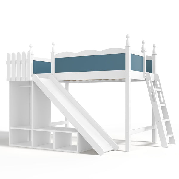 English Elm Twin Loft Bed Solid Pine Frame with Wardrobe Shelving Detachable Slide Kids Room White+Blue W5305S00019