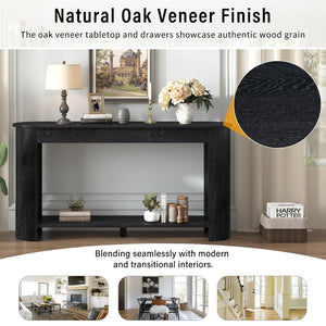 English Elm U_style Oak Veneer Console Table with 3 Drawers Open Shelf Entryway Hallway Storage Black N711P395523B