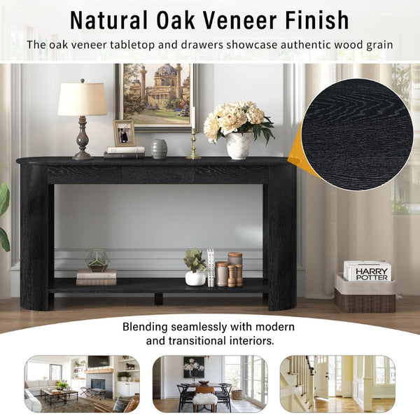 English Elm U_style Oak Veneer Console Table with 3 Drawers Open Shelf Entryway Hallway Storage Black N711P395523B