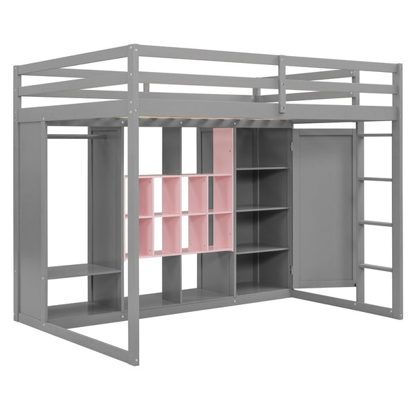 English Elm Twin Loft Bed with Wardrobe Shelves and Cabinet Kids Bedroom Wood Storage Frame Pink+Grey N708S00024E