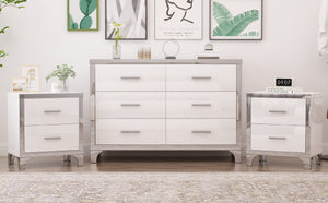 English Elm 3-Pieces Modern Dresser and Two Nightstands with Mirrored Trim, Metal Handles, Spacious Storage White 55.71 L x 19.29 W x 10.63 H N733S205355K