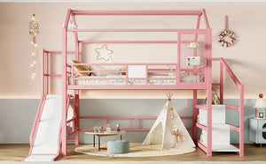 English Elm Full Full House Loft bed with Slide and Stairs, Metal House Play Loft with Storage Shelves and Quiet Design Pink W1580S00351