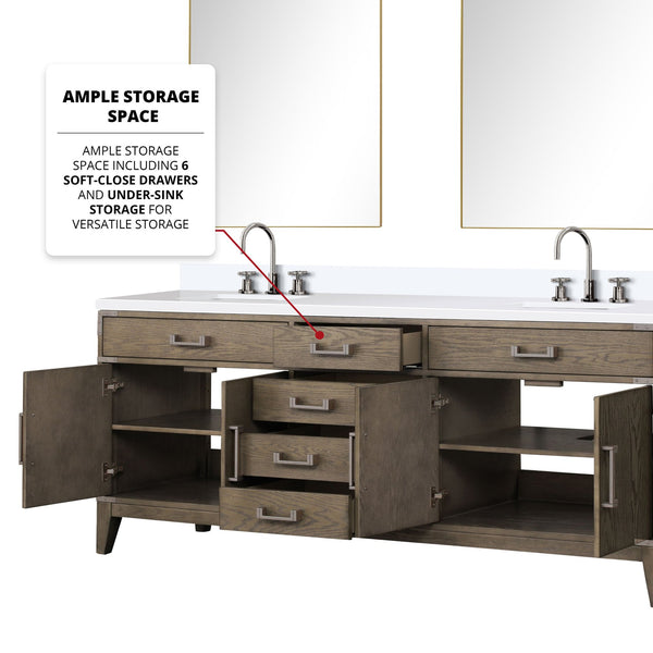 English Elm Grey Oak Double Bath Vanity 80" W x 22" D with White Quartz Top, Chrome Faucets & Dual 36" Mirrors B2731S01876