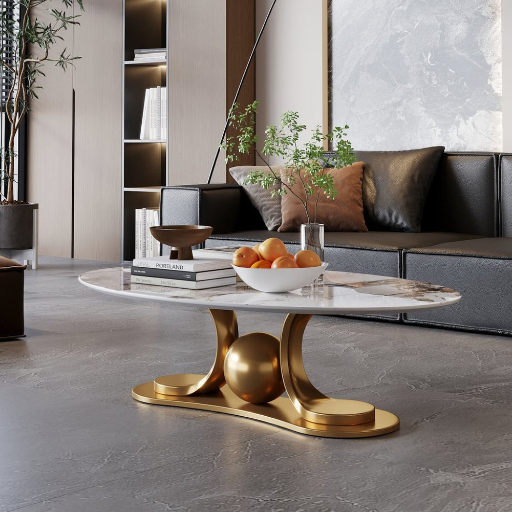 English Elm Gold Pedestal Coffee Table with Sintered Stone Marble Top for Modern Living Rooms W3985S00019