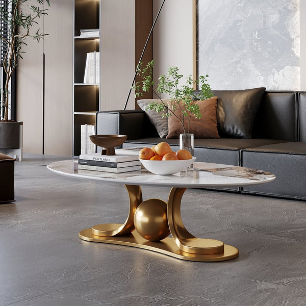 English Elm Gold Pedestal Coffee Table with Sintered Stone Marble Top for Modern Living Rooms W3985S00019