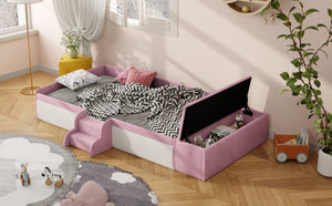 English Elm Twin Velvet Kids Daybed with Built-in Stairs Padded Guardrails and Gas Lift Storage Pink+White SF000201AAH