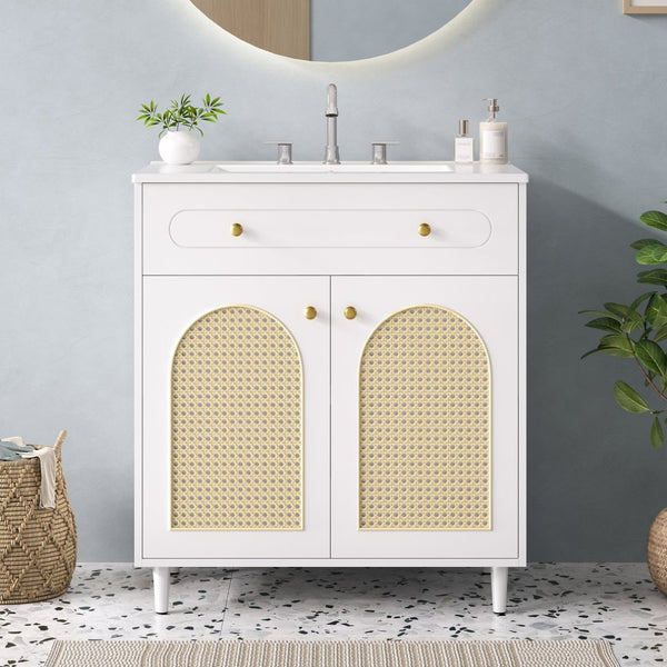 English Elm 30" Rattan Front Bathroom Vanity Solid Pine Cabinet with Ceramic Sink and Adjustable Shelf White N710P293988K