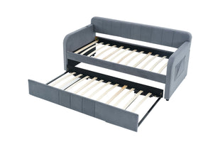 English Elm Twin Upholstered Daybed with Trundle Sofa Bed for Guest Room, Pine Wood Frame, Velvet Upholstery, Sturdy Slat Support and Full-Length Comfort Grey W1361S00022