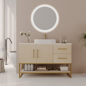 English Elm 47.2" Freestanding Bathroom Vanity Wood Tone Cabinet Ceramic Vessel Sink Gold Legs W3136S00082