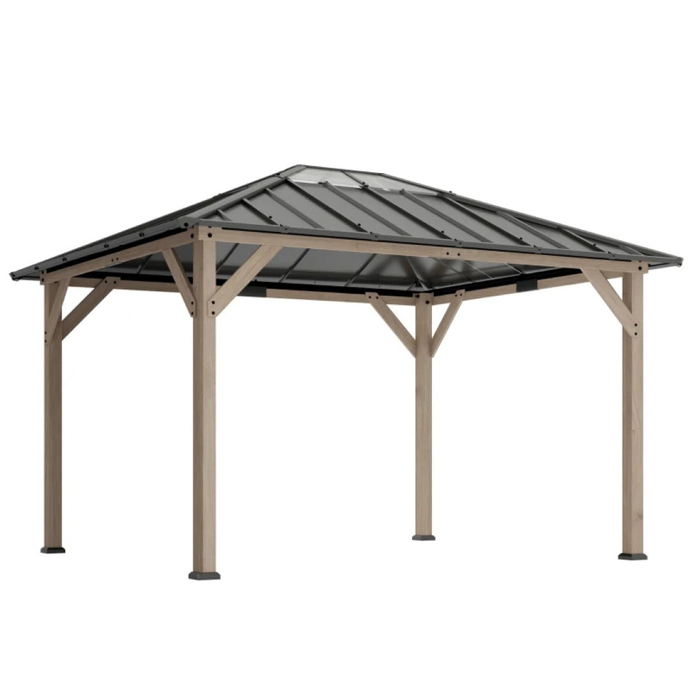 English Elm Spacious Hardtop Outdoor Gazebo Fir Wood Frame Steel Roof with Natural Light Panel T3971S00192