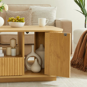 English Elm 46.5"modern oval coffee table with drawers, hidden compartments & wavy woodgrain top for stylish storage Natural W1162P339120