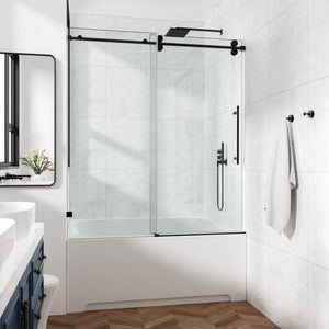 English Elm 60*76"Fixed & Sliding Shower Door - Modern Frameless Clear Glass, Stainless Steel Hardware, Leak-Proof T3177P320601