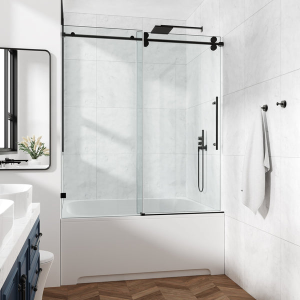 English Elm 60*76"Fixed & Sliding Shower Door - Modern Frameless Clear Glass, Stainless Steel Hardware, Leak-Proof T3177P320601