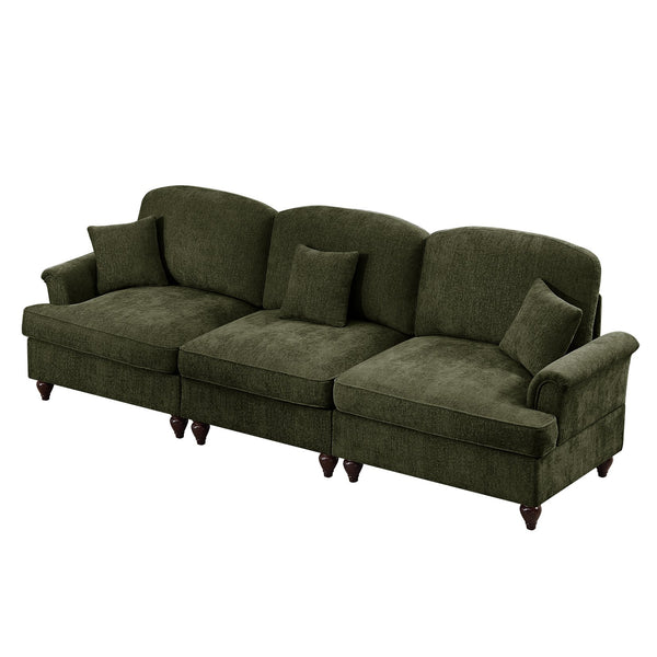 English Elm Elegant Mid Century 3-Seater Sofa With Flared Arms & Removable Skirts – Versatile Green Chenille Comfort W3041S00266