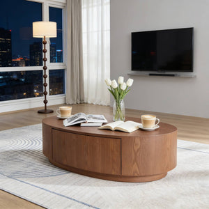English Elm Modern Oval Coffee Table Matte Finish Mdf Frame with Storage Drawer for Living Room Dark Walnut W2085P384570