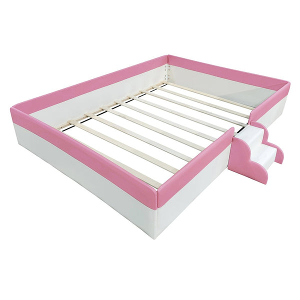 English Elm King Platform Daybed with Fence Rail and Stairs Pu Upholstered Kids Bedroom Frame SF000156AAH-1