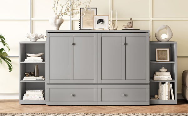 English Elm Full Size Murphy Bed With Stylish Light Gray Finish, Spacious Storage Drawers & Shelves For Versatile Spaces W1580S00252