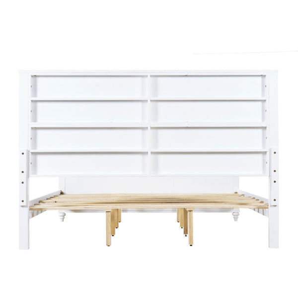 English Elm King Solid Pine Platform Bed White Lacquer Grooved Panels Slat Base Bedroom N770PK389793K