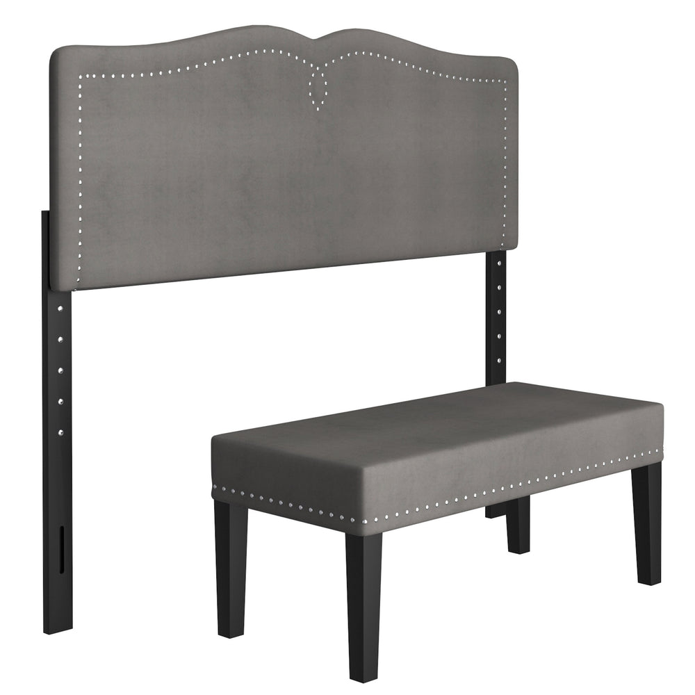 Worldwide Home Furnishings Aurora-54''/60'' Adjustable Headboard & Stylish Velvet Bench Set - Perfect For Double Or Queen Beds! Grey,Black Velvet,Wood 151-585d_Q-gy
