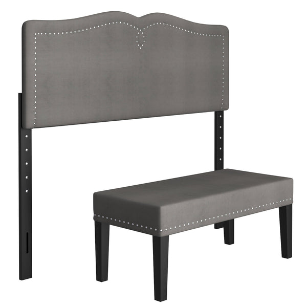 Worldwide Home Furnishings Aurora-54''/60'' Adjustable Headboard & Stylish Velvet Bench Set - Perfect For Double Or Queen Beds! Grey,Black Velvet,Wood 151-585d_Q-gy
