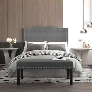 Worldwide Home Furnishings Aurora-54''/60'' Adjustable Headboard & Stylish Velvet Bench Set - Perfect For Double Or Queen Beds! Grey,Black Velvet,Wood 151-585d_Q-gy