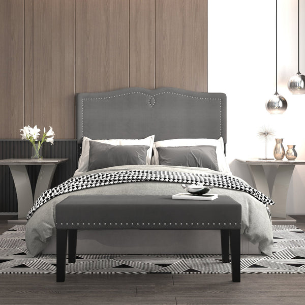 Worldwide Home Furnishings Aurora-54''/60'' Adjustable Headboard & Stylish Velvet Bench Set - Perfect For Double Or Queen Beds! Grey,Black Velvet,Wood 151-585d_Q-gy