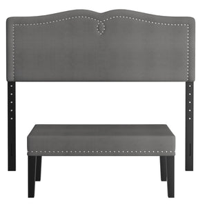 Worldwide Home Furnishings Aurora-54''/60'' Adjustable Headboard & Stylish Velvet Bench Set - Perfect For Double Or Queen Beds! Grey,Black Velvet,Wood 151-585d_Q-gy