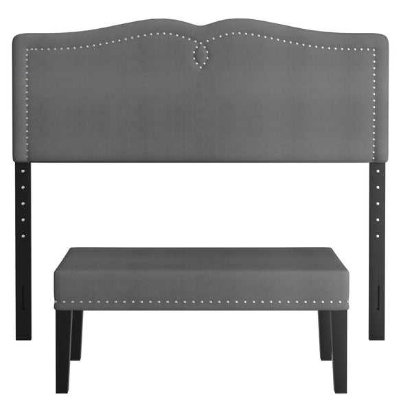 Worldwide Home Furnishings Aurora-54''/60'' Adjustable Headboard & Stylish Velvet Bench Set - Perfect For Double Or Queen Beds! Grey,Black Velvet,Wood 151-585d_Q-gy