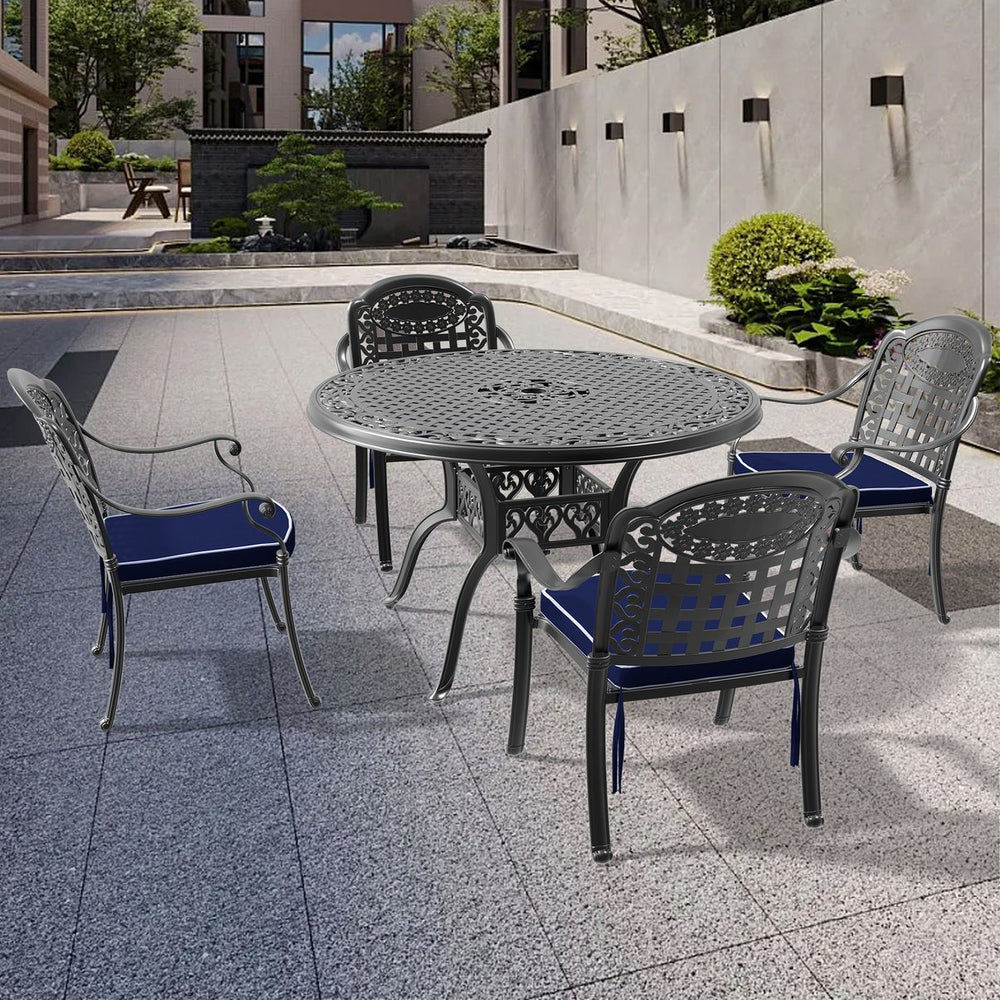 English Elm 5-Piece Elegant Cast Aluminum Patio Furniture Set With Cozy Blue Cushions For Outdoor Relaxation W1710S00135