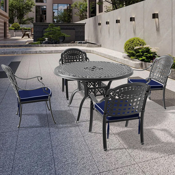 English Elm 5-Piece Elegant Cast Aluminum Patio Furniture Set With Cozy Blue Cushions For Outdoor Relaxation W1710S00135