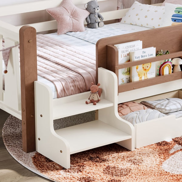 English Elm Twin Pine Floor Bed with Guardrails Built-in Bookcases and Stair Steps for Kids Beige W1580P430199