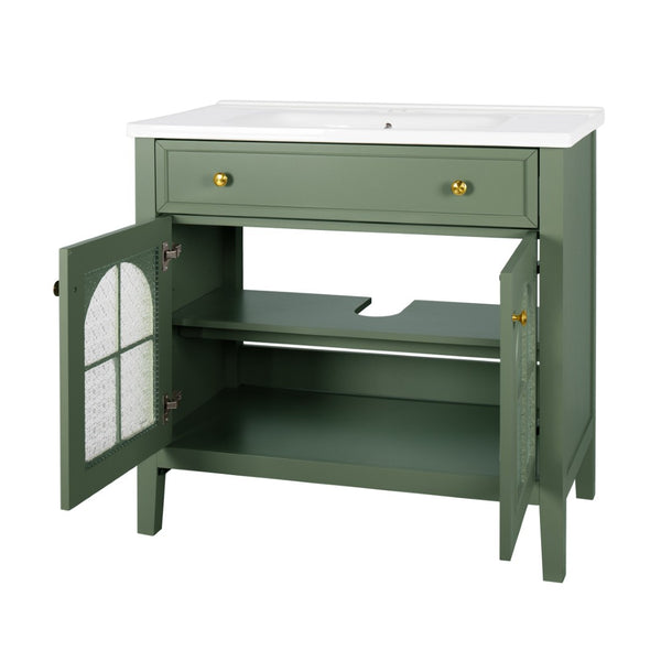 English Elm 35.6" Freestanding Bathroom Vanity with Roman Column Base and Ceramic Integrated Sink Green W1801S00014