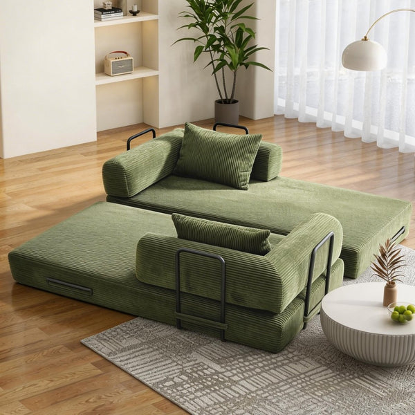 English Elm 78 Inch Corduroy Convertible Sofa Sleeper Futon with Foldable Armrests for Studio Rooms Green W5385P455028