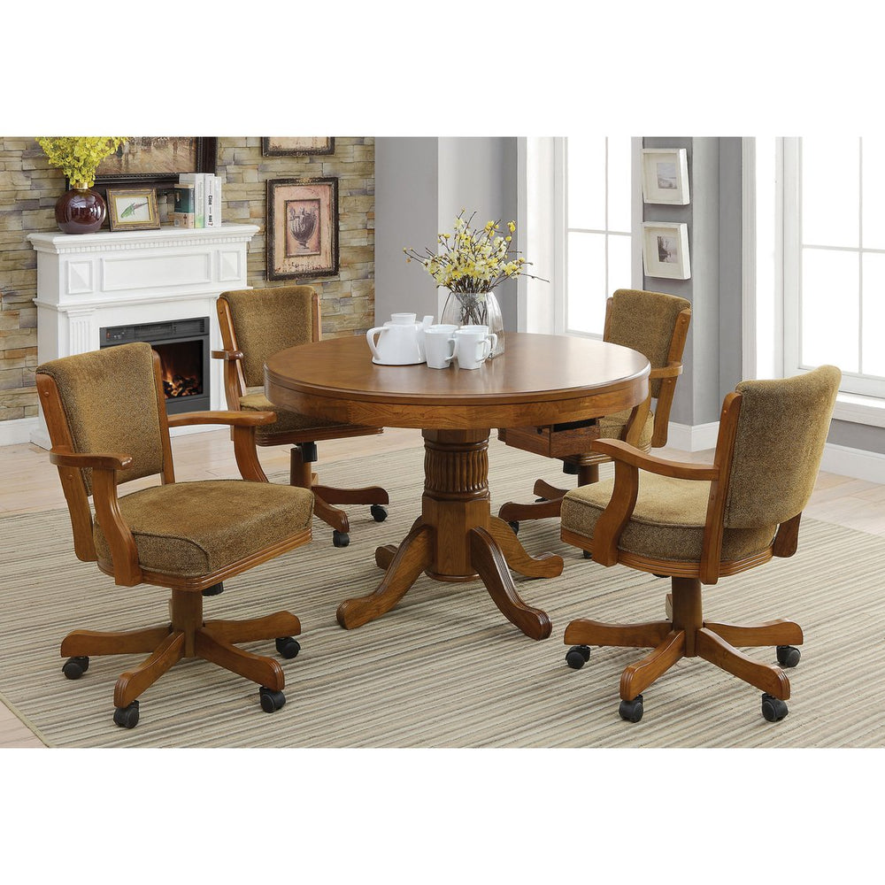 English Elm Florenz Carved Pedestal Game Table Set with Amber Wood Finish and Olive-Brown Padded Caster Chairs B062S00810