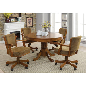 English Elm Florenz Carved Pedestal Game Table Set with Amber Wood Finish and Olive-Brown Padded Caster Chairs B062S00810