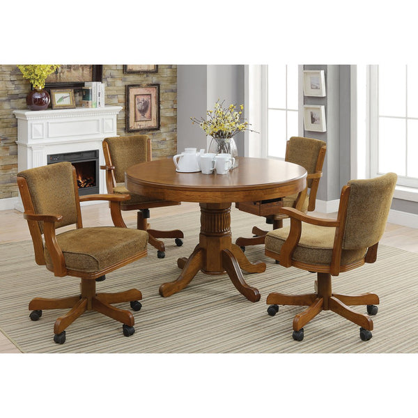 English Elm Florenz Carved Pedestal Game Table Set with Amber Wood Finish and Olive-Brown Padded Caster Chairs B062S00810