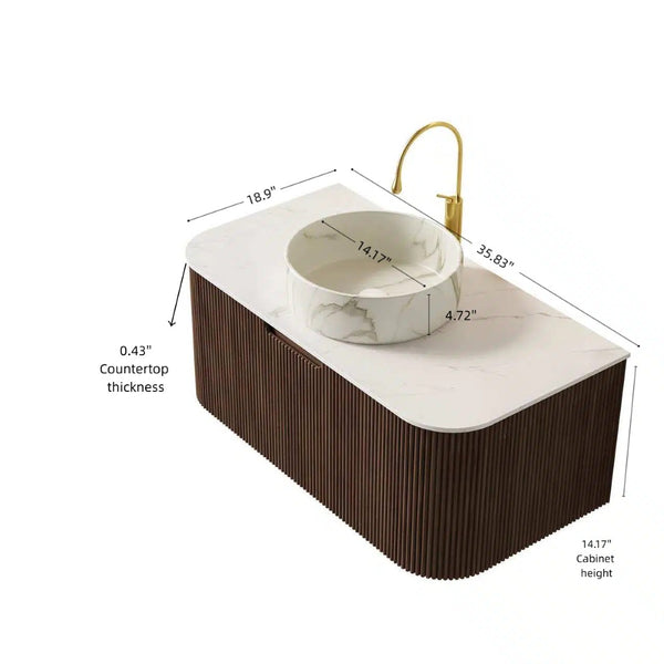English Elm Dina Floating Bathroom Vanity Sintered Stone Top Glass Basin Striped Plywood Cabinet Walnut,White W2615S00415