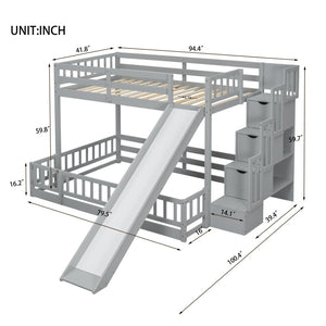 English Elm Twin Over Full Pine Bunk Bed with Fun Slide Storage Staircase and Safety Rails W504P210106