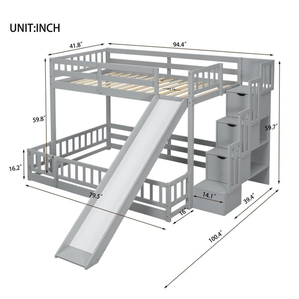 English Elm Twin Over Full Pine Bunk Bed with Fun Slide Storage Staircase and Safety Rails W504P210106