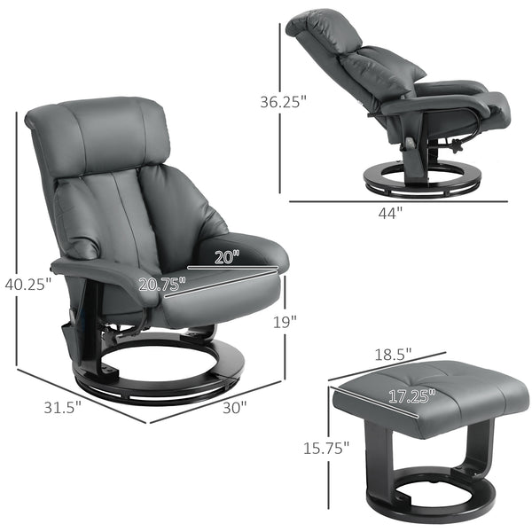 English Elm HOMCOM PU Leather Massage Recliner with Ottoman, 360° Swivel, Remote Control, Heat & Multi-Mode Comfort Gray W2225P173861