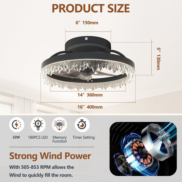 English Elm Smart Luxury Crystal Ceiling Fan with LED Light, 16" Flush Mount, 5 Invisible Blades, Dimmable Remote App Control W2312P368701