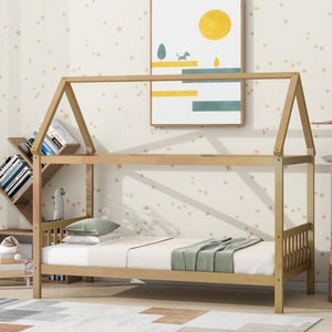 English Elm Twin House Frame Bed Solid Rubberwood Pitched Roof Headboard Kids Room White Oak W504P360081
