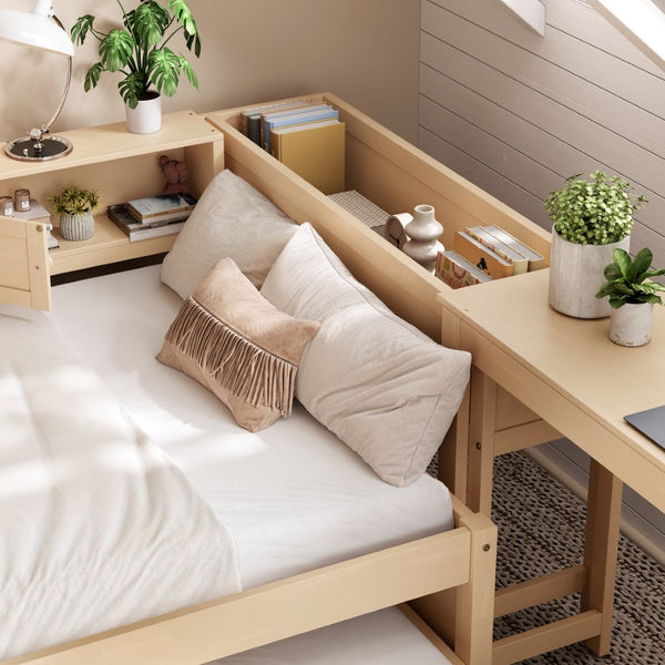 English Elm Twin Daybed Pine Frame with Trundle Desk Hutch Shelves and Storage for Kids Rooms Golden W1580S00460