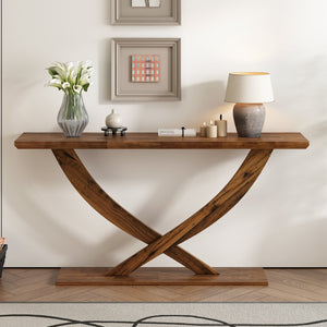 English Elm Mirod 57 Inch Acacia Veneer Console Table with Cross Leg Base for Entryway Brown N760P214643D