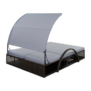 English Elm U_style Outdoor Double Sun Lounger Hdpe Wicker Steel Frame with Canopy Pop up Tables Gray WY000485AAE
