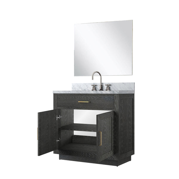 English Elm Black Oak Single Bath Vanity Set With Carrara Marble Top, Chrome Faucet, And Frameless Mirror 34" B2731S02208